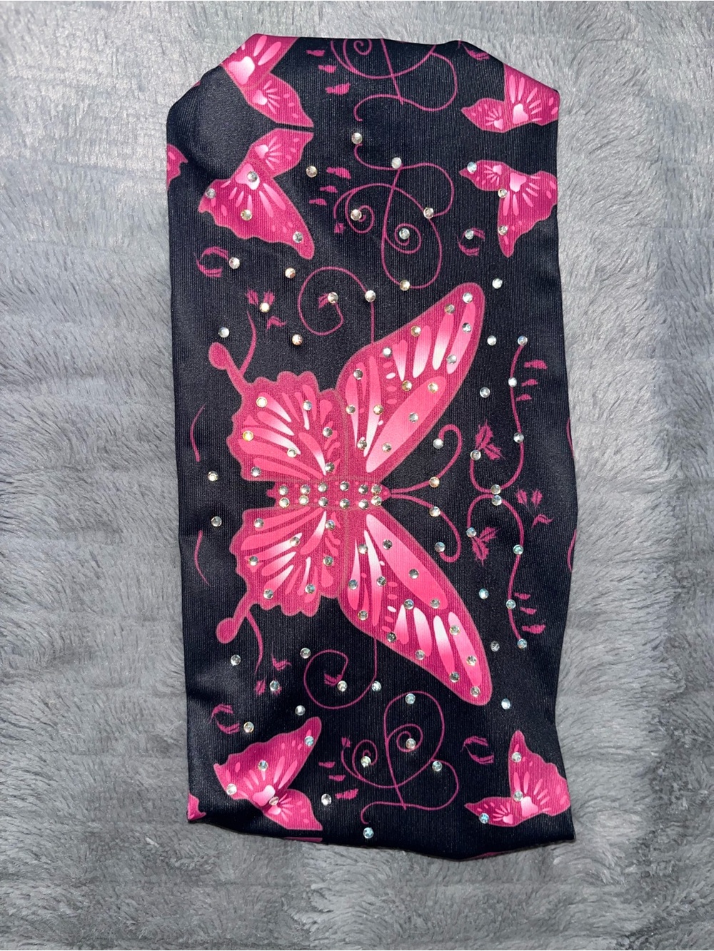 Black headband with Hot Pink Butterfly and Rhinestone Accents